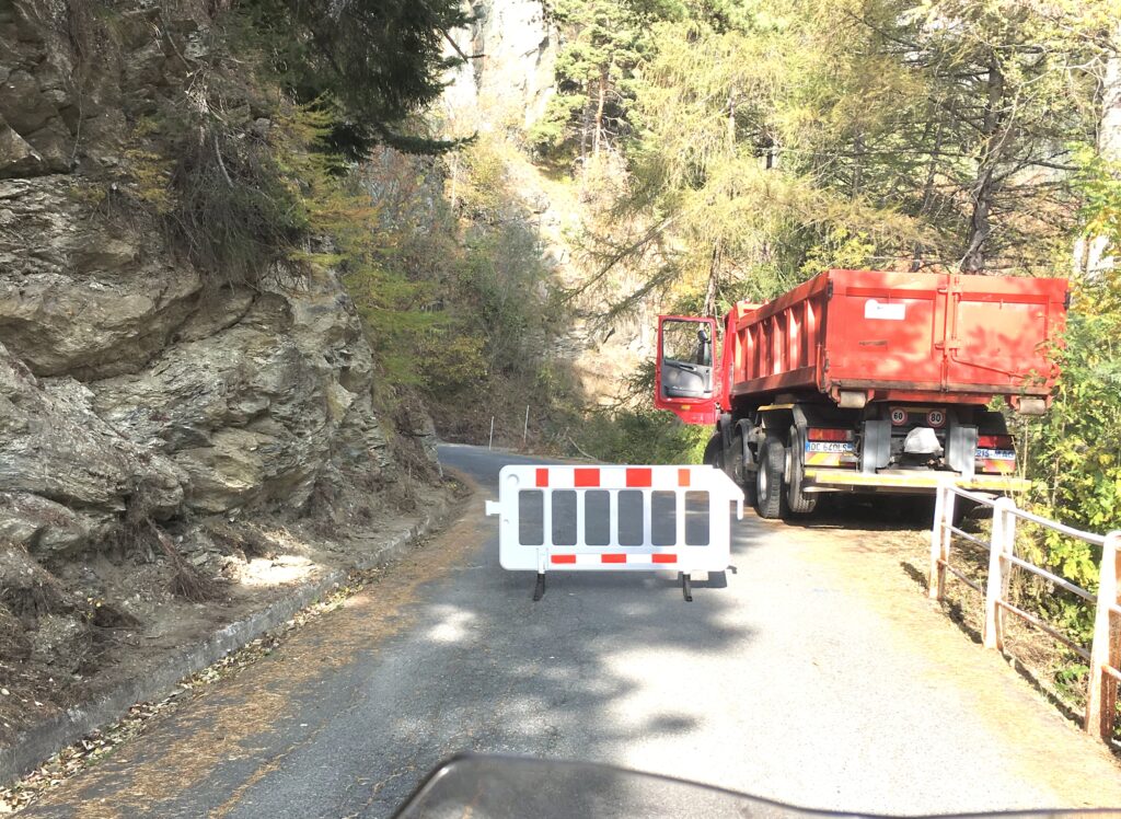 Mountain pass blocked by a truck and no entry barrier